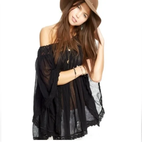 Ralph Lauren Denim & Supply Black off shoulder gauze lace Top w/ bell sleeves - Picture 7 of 16